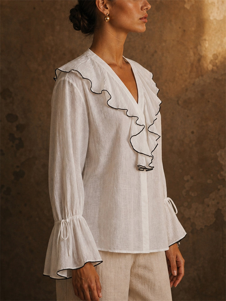 Womens Ruffle V Neck Contrast Trim Puff Sleeve Button Blouse