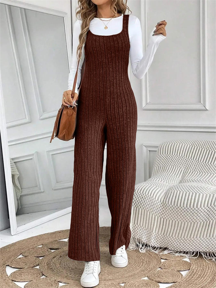 Women's Pit Stripe Knitted Sleeveless Loose Fit Stretchy Overalls Jumpsuit