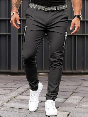 Men's Pure Color Tight Casual Pants with Zipper Decoration