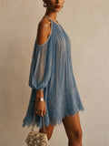 Womens Halter Neck Cold Shoulder Lace Hem Pleated Mini Dress