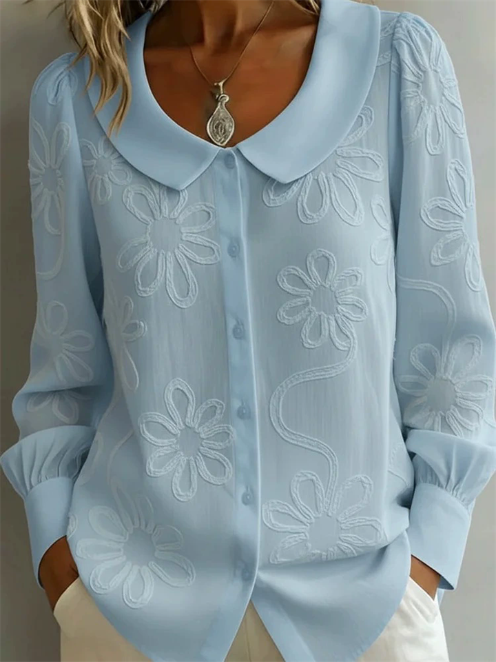 Women‘s Casual Floral Embroidered Peter Pan Collar Long Sleeve Blouse