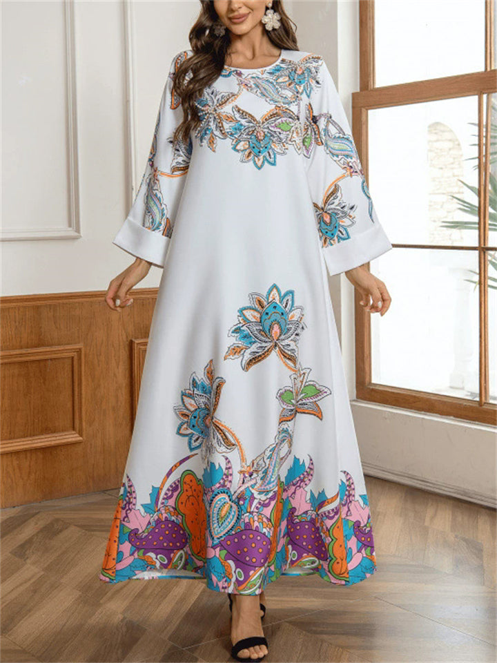 Women's Beads Flowers Printed Round Neck Long Sleeve Maxi Dress
