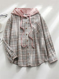 Casual Plaid Button Up All Match Hoodies for Women