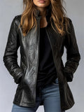 Women's Vintage Black Faux Leather Open Cardigan Jackets