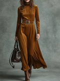 Elegant High Neck Brown Velvet Long Dress for Women with Belt