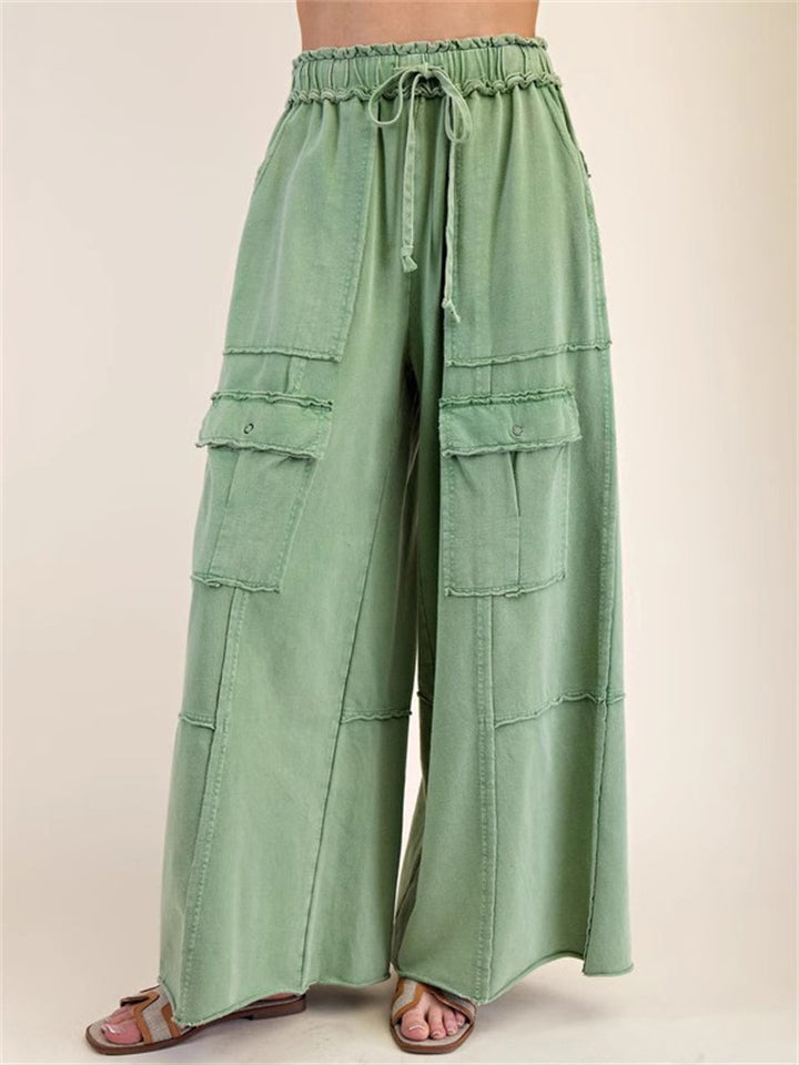 Women's High Waist Casual Pockets Cargo Wide Leg Pants