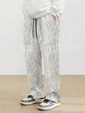 Men's Trendy Loose Fit Textured Striped Pleated Trousers with Big Pockets