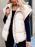 Women's Casual Solid Color Zip Up Pockets Stand Collar Sleeveless Vest Padded Coats
