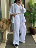 Women's 2Pcs Casual Solid Color Button Up Long Sleeve Shirt & Pants Set