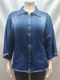 Blue Zip up 3/4 Sleeve Fringed Denim Jacket for Women Casual Streetwear‌
