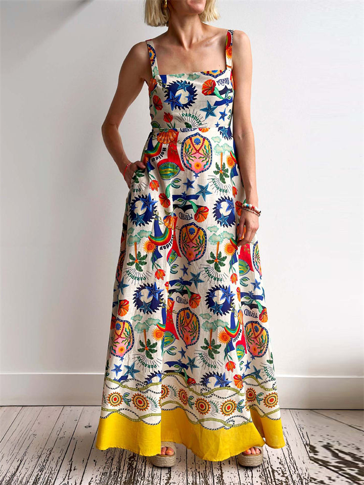 Women's Summer Trendy Printed Big Hem Strap Maxi Dress