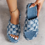 Vintage Plaid Raw Edge Denim Thick Sole Slippers for Lady