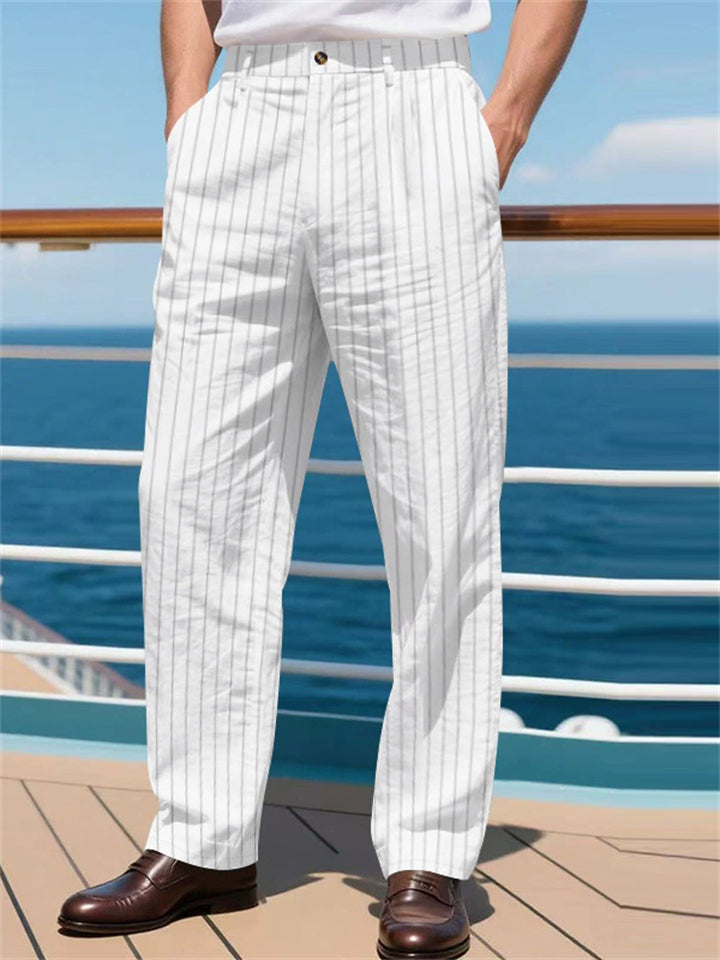 Men's Summer Striped Casual Trousers Straight Fit Lightweight