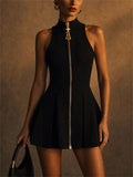 Women Black Gold Zip Sleeveless Mock Neck Pleated Mini Dress