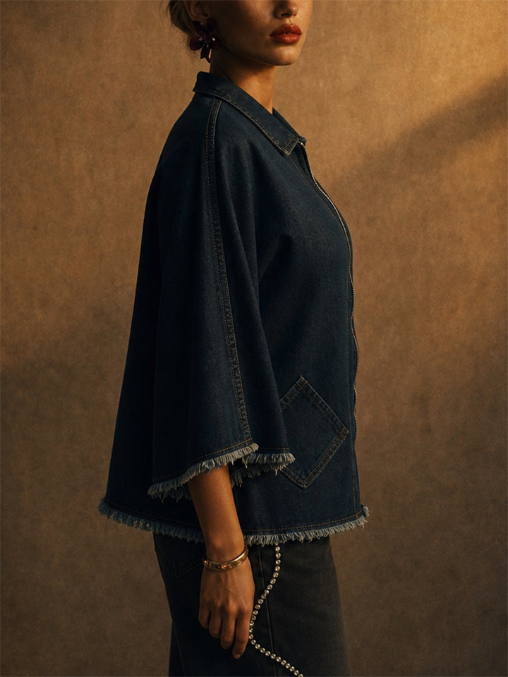 Women Dark Blue Raw Hem 3/4 Sleeve Zip Up Denim Jackets