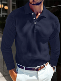 Men's Long Sleeve Button-Down Stripe Knitted Casual Polo Shirts