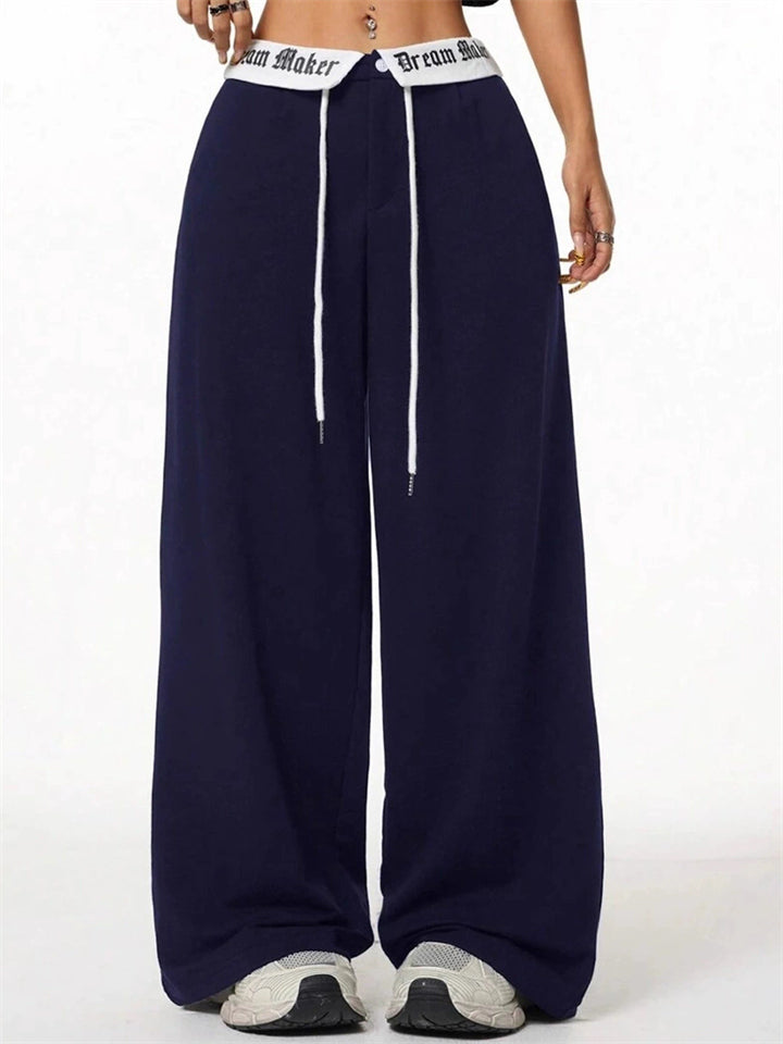 Letter Print Patchwork Drawstring Wide Leg Casual Pants for Women