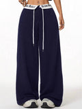 Letter Print Patchwork Drawstring Wide Leg Casual Pants for Women
