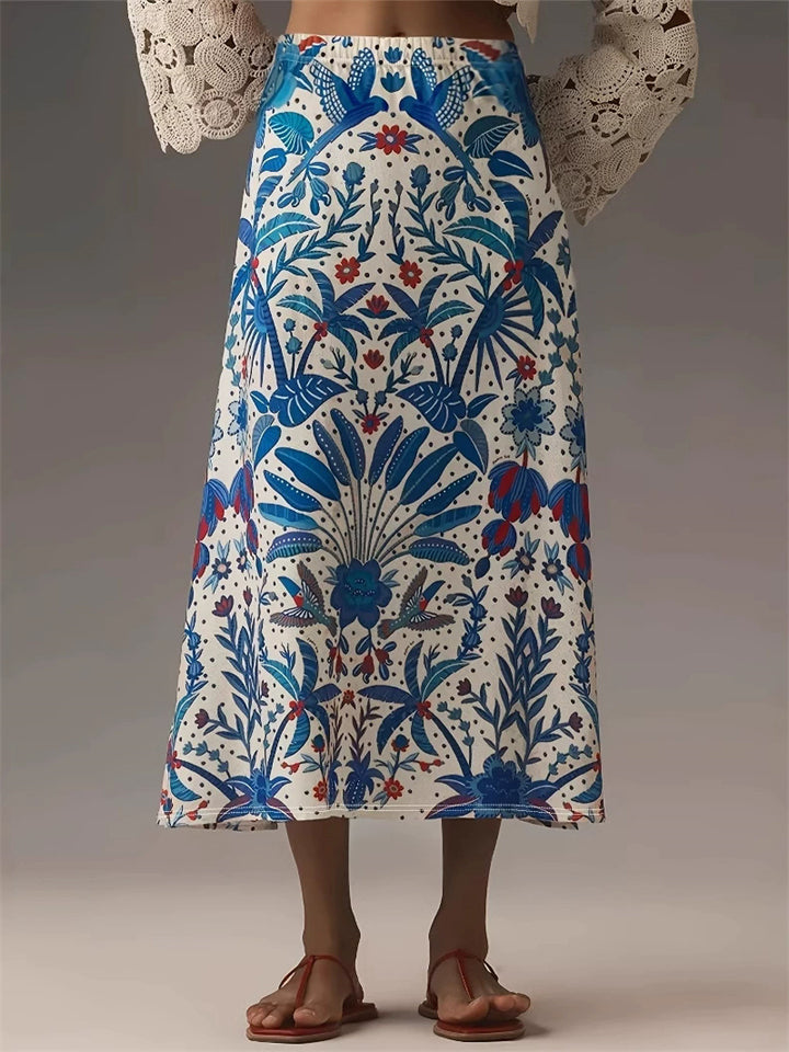 Women's Summer Holiday Style Blue Printed A-Line Skirt