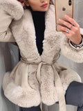 Women's Luxury Fur Collar Slim Fit Leather Coat with Belt