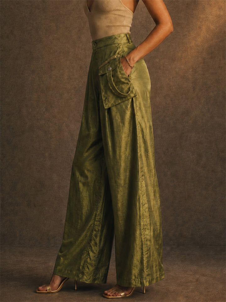 Women Metallic High Waist Cargo Wide Leg Pants with Pockets
