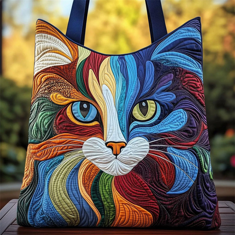 Colorful Cat Face Tote Bag with 3D Floral Quilting