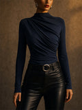 Womens Elegant Mock Neck Ruched Draped Long Sleeve Slim Top