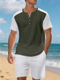 Men's Casual Waffle Contrast Color Comfy Beach Henry Shirt & Shorts Set