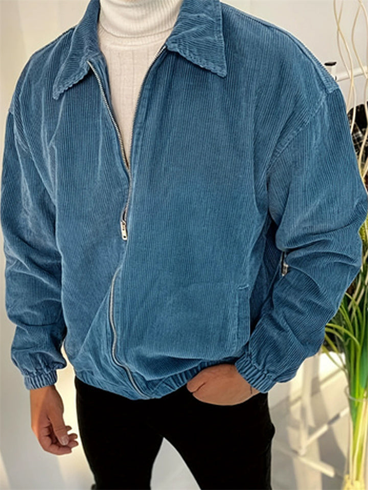 Men's Autumn Solid Color Corduroy Zip Up Lapel Long Sleeve Coat