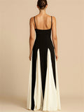 Female's Elegant Black White Contrast Color Spaghetti Strap Dress