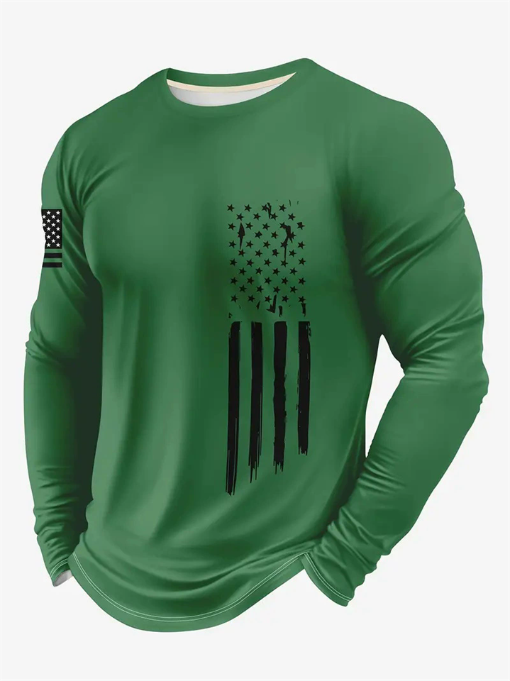 Men's Casual Round Neck American Flag Print Long Sleeve T-Shirts