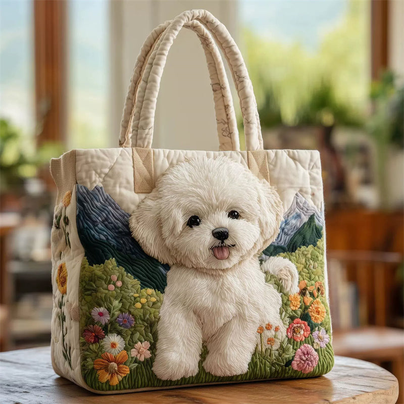 Cute Bichon Dog Quilted Tote Handbags