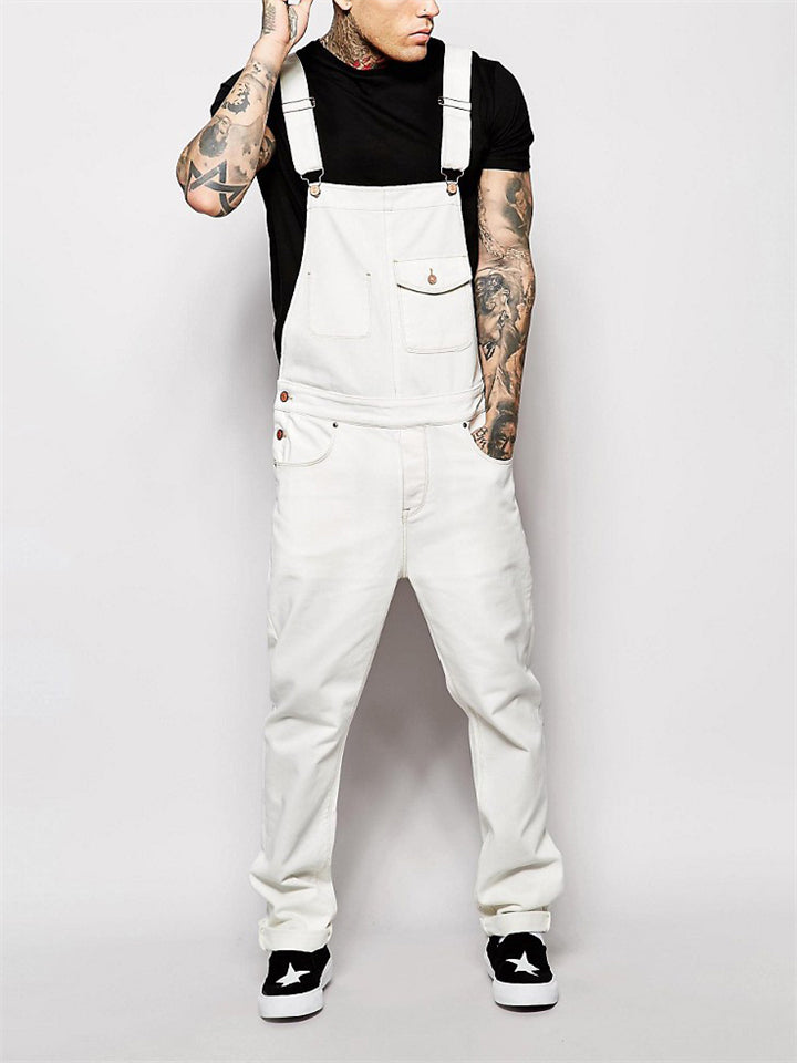 Men's Slim Trendy Solid Color Denim Overalls Jumpsuits