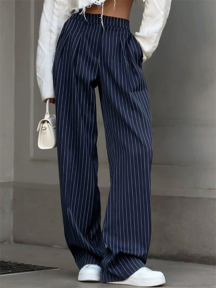 Women's Navy Blue Stripe Mid-Rise Straight Office Wide Leg Pants