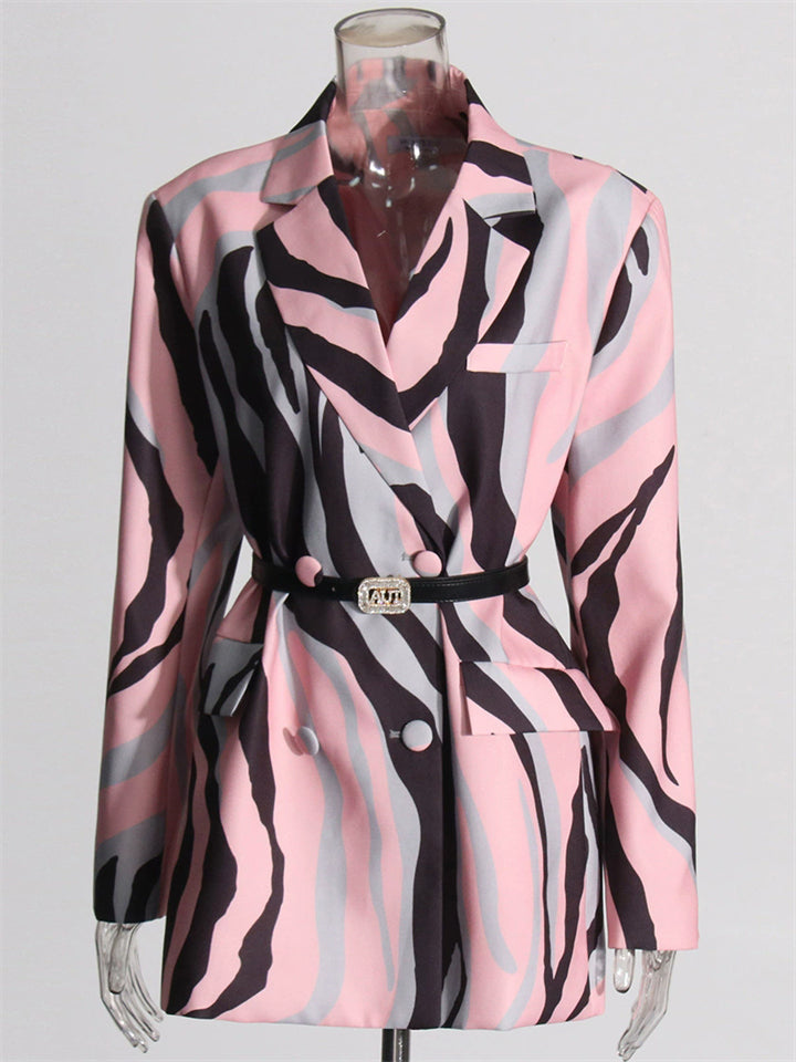 Fashion Women Pink Long Sleeve Printed Belted Jacket