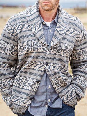 Autumn Keep Warm Jacquard Lapel Button Sweater for Men