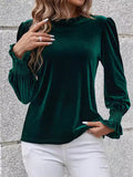 Women's Green Solid Color Velvet Long Puffed Sleeve Shirt