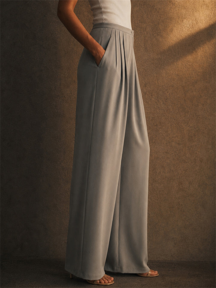 Women High Waist Wide Leg Pleated Chic Office Dress Trousers