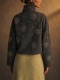 Women Grey Beaded Snowflake Stand Collar Wool Blend Jackets