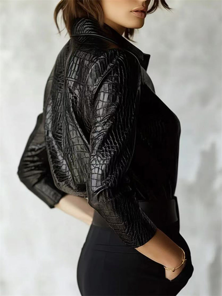 Elegant ‌Black Crocodile Print Faux Leather Glossy Blouse for Women