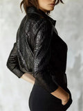 Elegant ‌Black Crocodile Print Faux Leather Glossy Blouse for Women