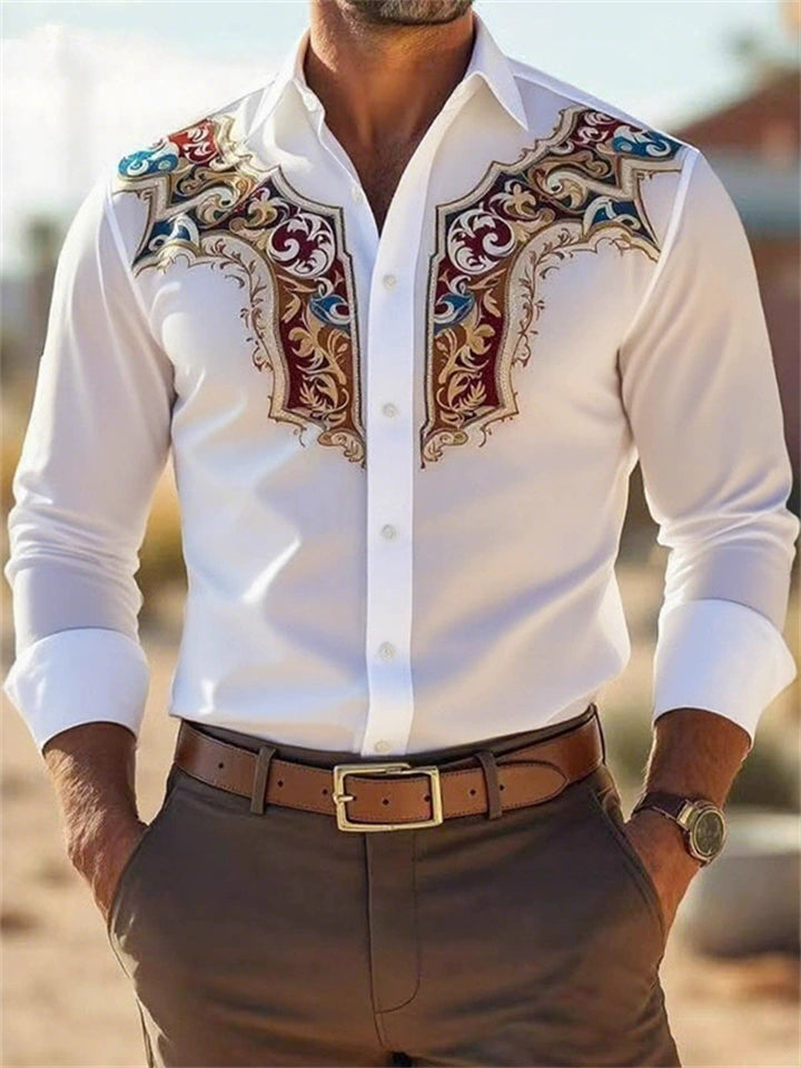 Men's Western Style Floral Print Lapel Long Sleeve Casual Shirts