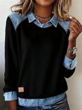‌Casual Denim Collar Loose Fit Pullover Knitted Top for Women