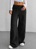 ‌Autumn Mid Waist Corduroy Pockets Wide Leg Pants for Women‌