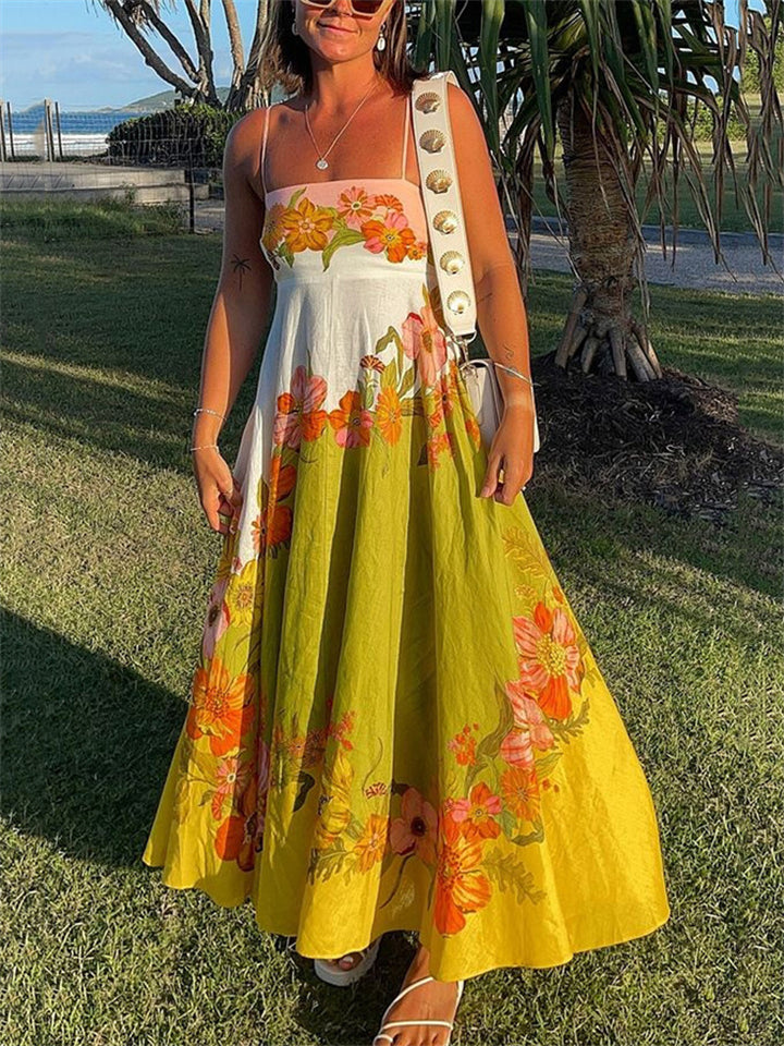 Ladies Spaghetti Strap Flower Print Pleated A-Line Dress