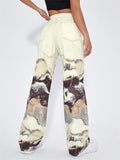Casual Print High Rise Straight Denim Pants for Women