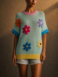 Women Colorful 3D Floral Applique Short Sleeve Knit Top