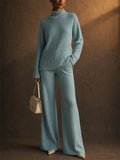 Women 2 Piece Cozy Ribbed Knit Turtleneck Top and Wide Leg Pants Set