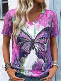 Women's Summer V-neck Butterfly Printed Contrast Color Short-sleeved T-shirts