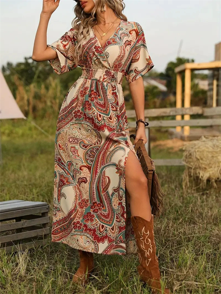 Women's Elegant Retro Print V Neck Short Sleeve Split Dress